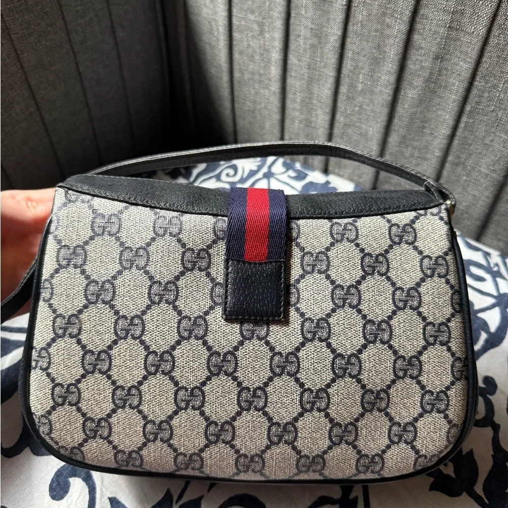 Gucci Beige Monogram Shoulder Bag with Navy and Red Web
